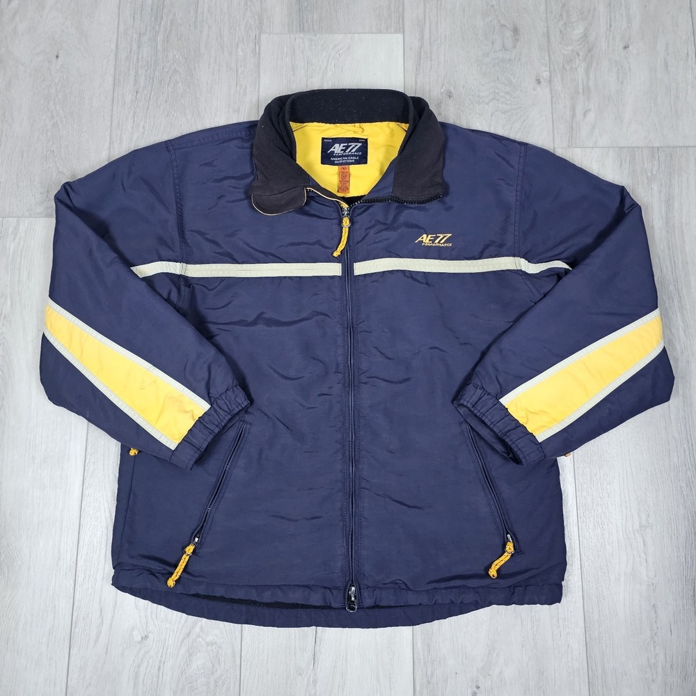 American Eagle AE77 Performance Jacket Mens Small Navy Blue Yellow Fleece Lined